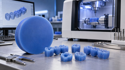 Disco de cera CAD/CAM y patrones dentales fresados en un laboratorio digital