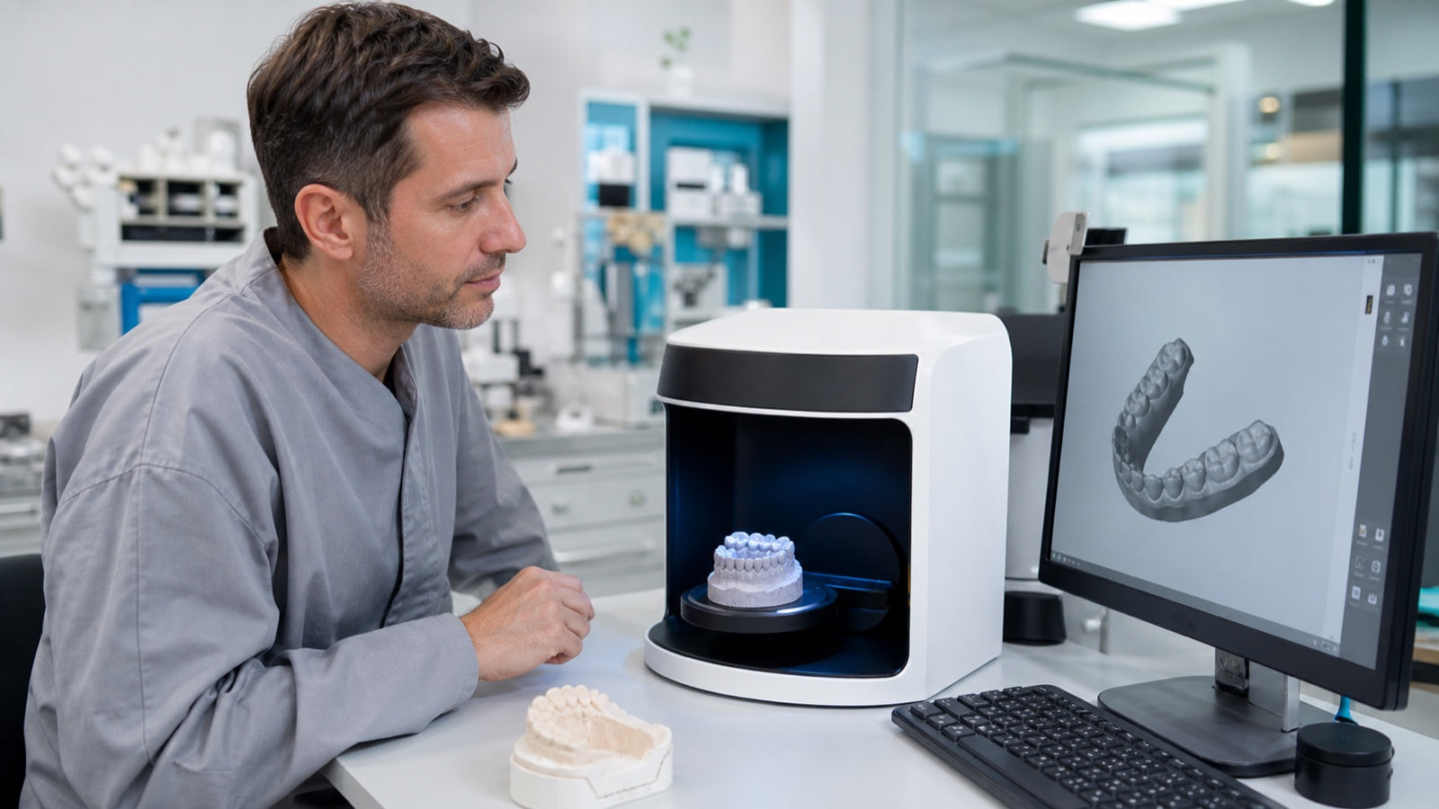 Técnico dental evaluando un escáner de laboratorio con un modelo y su archivo digital