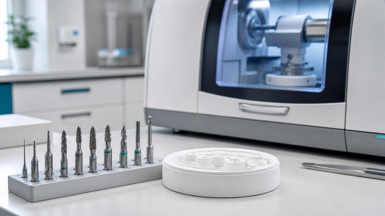 Fresas CAD/CAM dentales junto a un disco de zirconia y una fresadora de laboratorio