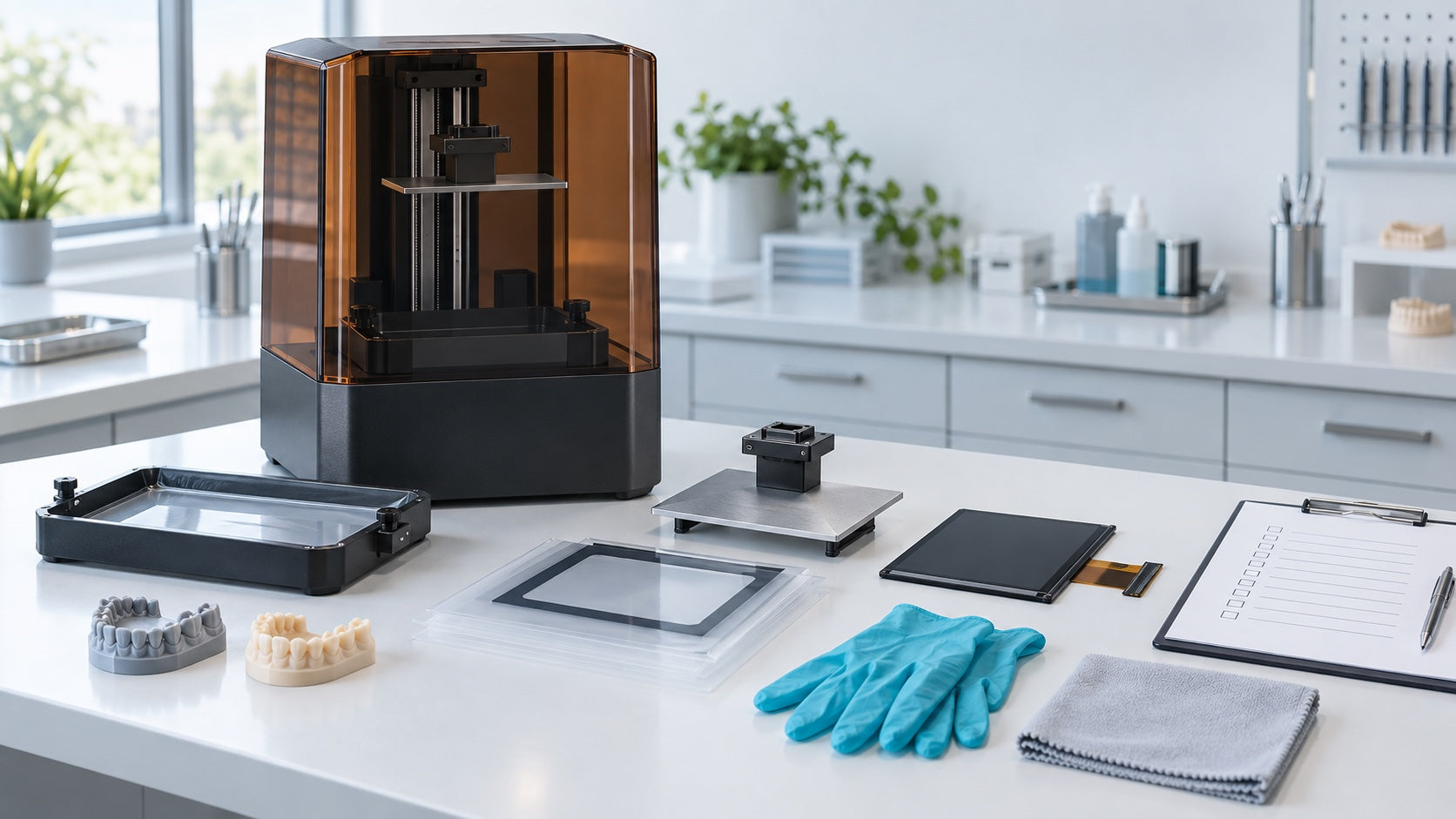 Impresora 3D dental con tanque, plataforma, película y repuestos preparados para mantenimiento preventivo