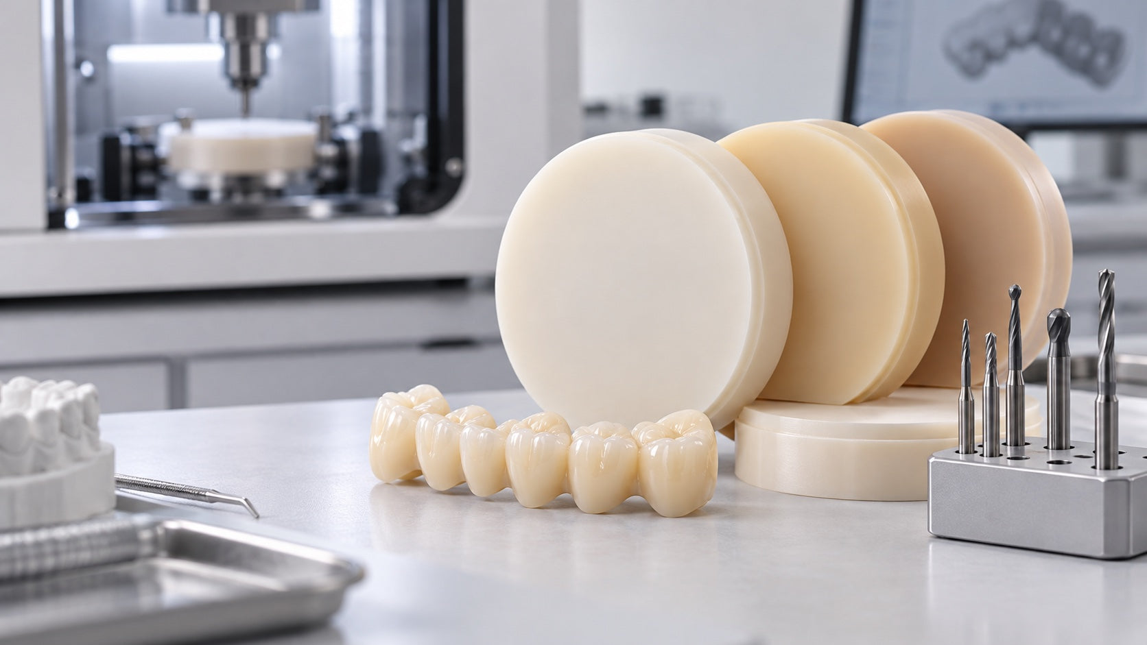 Discos de PMMA dental CAD/CAM, puente provisional fresado y fresas en un laboratorio digital