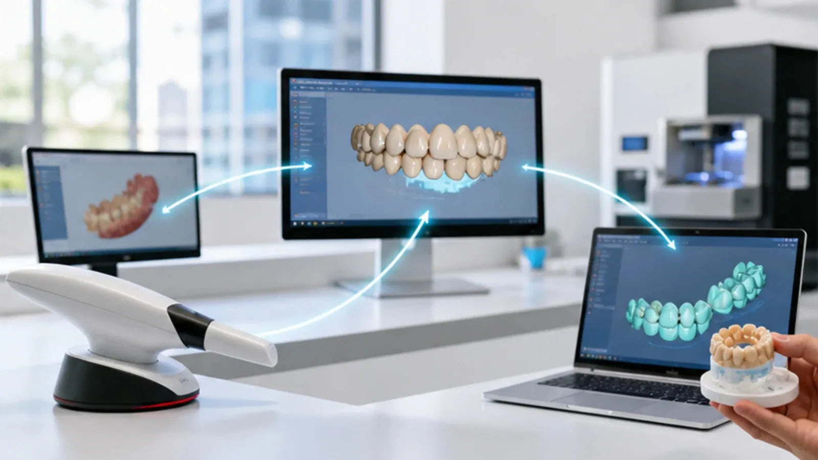 Flujo de archivos STL, PLY, OBJ y DICOM entre escáner, CAD y laboratorio dental