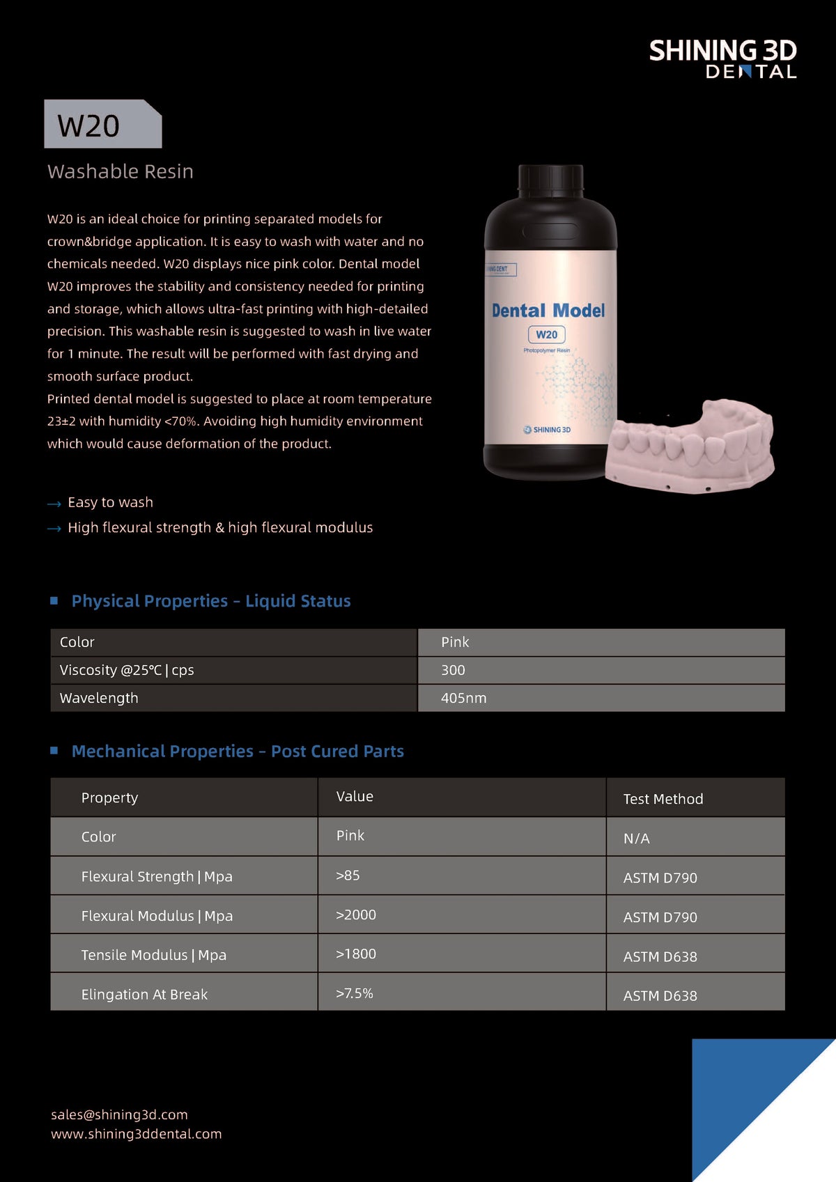 SHINING 3D W20 — Resina dental lavable con agua 1 kg