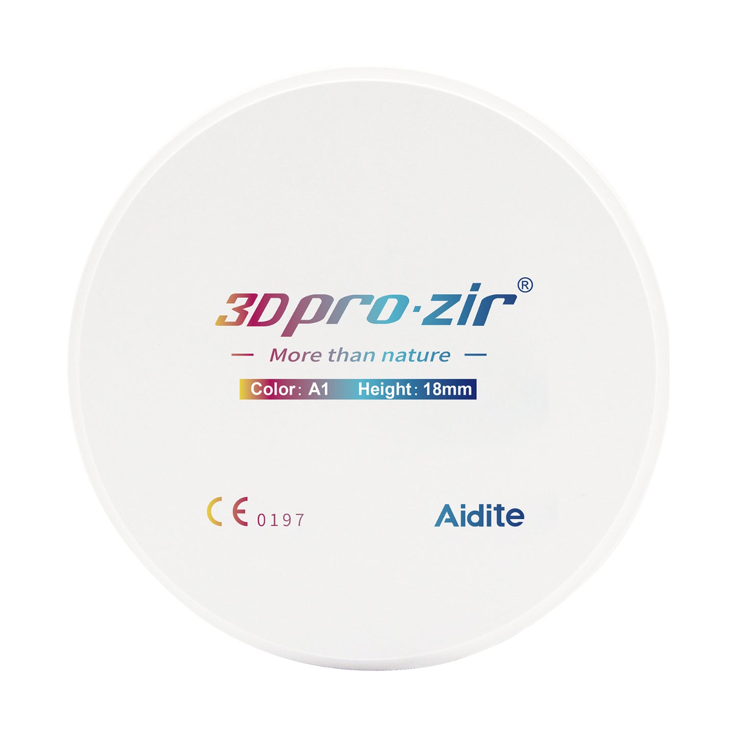 Aidite 3DProzir — Zirconia dental — vista principal sobre fondo blanco