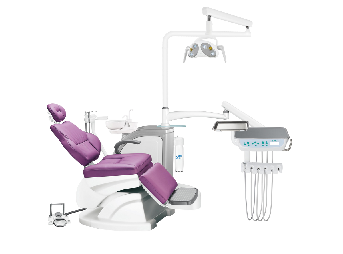 DETES TS-TOP300 Folding Plus: unidad dental con reposapiés plegable y tapizado violeta; fotografía oficial del fabricante