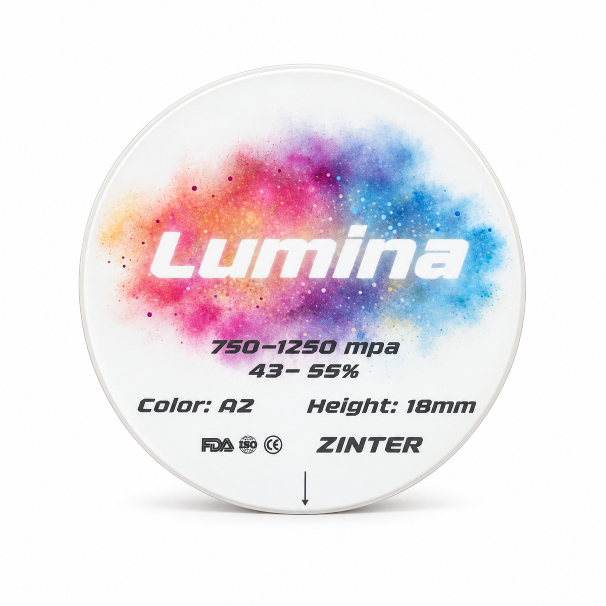 ZINTER Lumina - disco de zirconia multicapa CAD/CAM sobre fondo blanco, ejemplo A2 de 18 mm